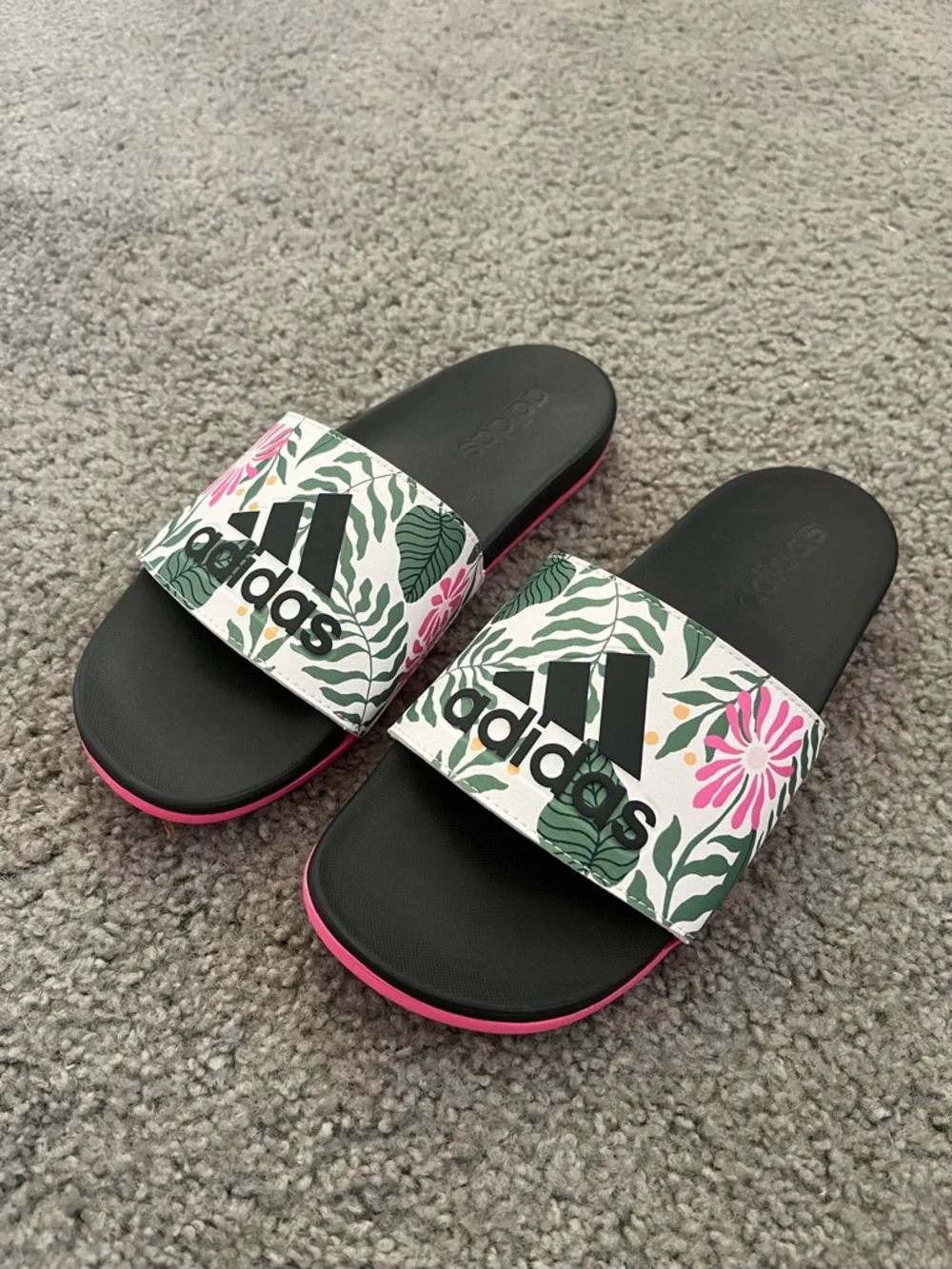 adidas Black Slide Sandals with Pink Trim and Floral Strap - Picture 1 of 8